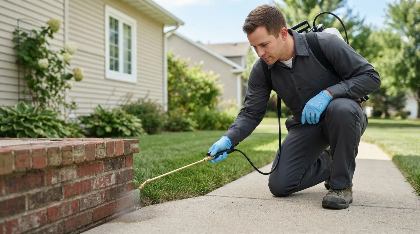 Pest control technician treating a home near Kerkhoven, MN