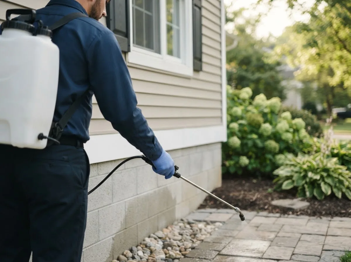 Pest control technician inspecting a home in Kerkhoven, MN
